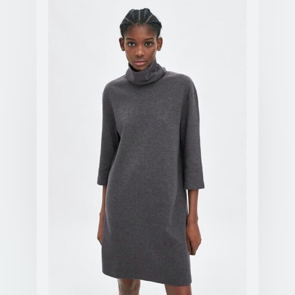 Zara Cowl Neck/ Turtleneck Cotton Blend 3/4 Sleeve Dress In Dark Gray Size Large